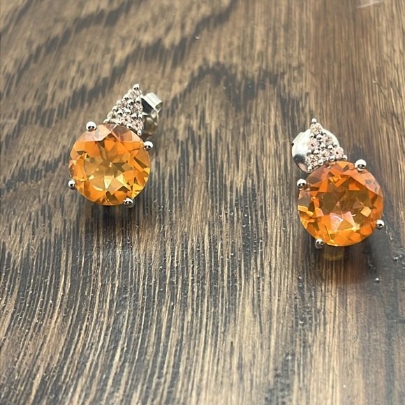 Earrings Orange Quartz Citrine Stud With Topaz Accent Stones Oversized  925 - Picture 6 of 10